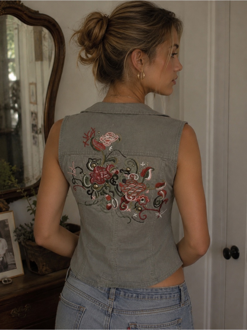 Christopher & Banks Olive Green Corduroy Vest  Pink Floral Embroidery boho